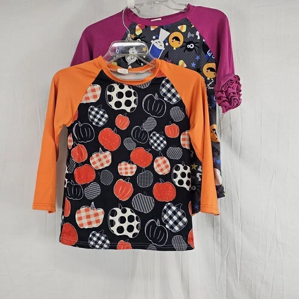 Lot Of 2 Girls Size 10/12 Halloween Fall Print Pink Orange Ruffle Pumpkin Shirts
